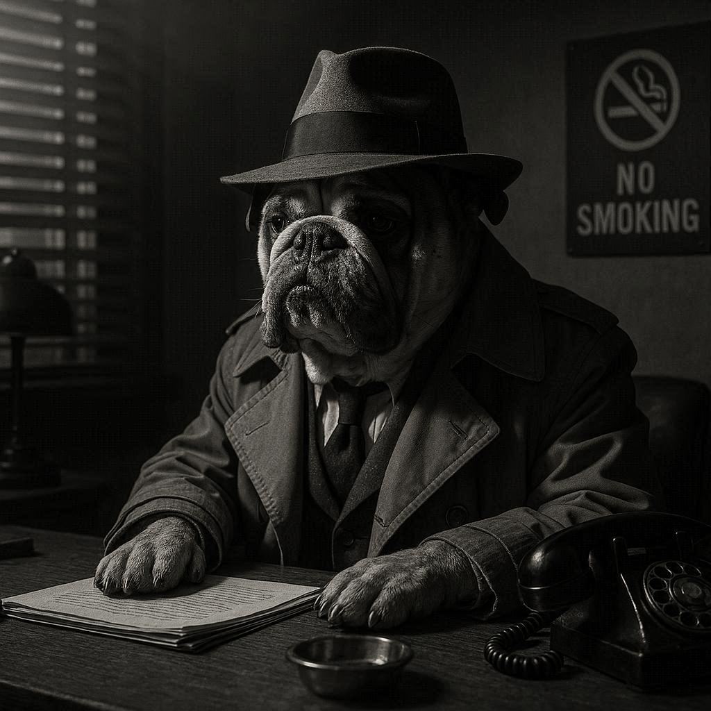 In film noire style, a bulldog working as a private eye in a trench coat and a fedora. He sits at a desk in an office with a non-smoking policy. Soundtrack is jazzy with no narration.